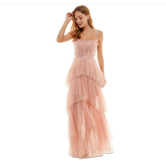 City Studio Lace corset bodice mesh tiered dress gown in Rose 1 - Picture 1 of 4
